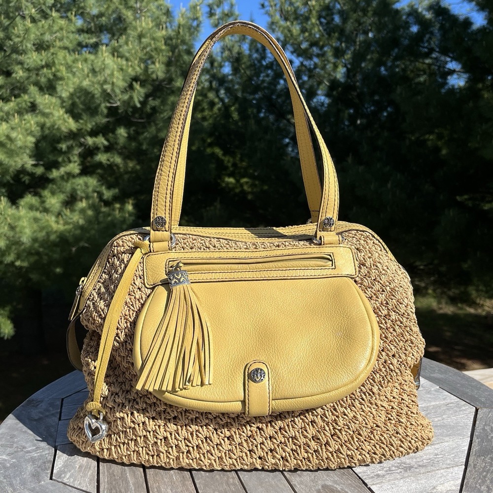 Brighton Handbag Large Raffia Straw-Like Leather Trim Tassle Accent Lined